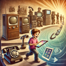 DALL·E 2025-01-26 17.33.31 - A detailed illustration showing a 7-year-old boy interacting with evolving technology. The scene transitions from old to new, starting with a rotary t (1) (1) picture of a fascinating boy